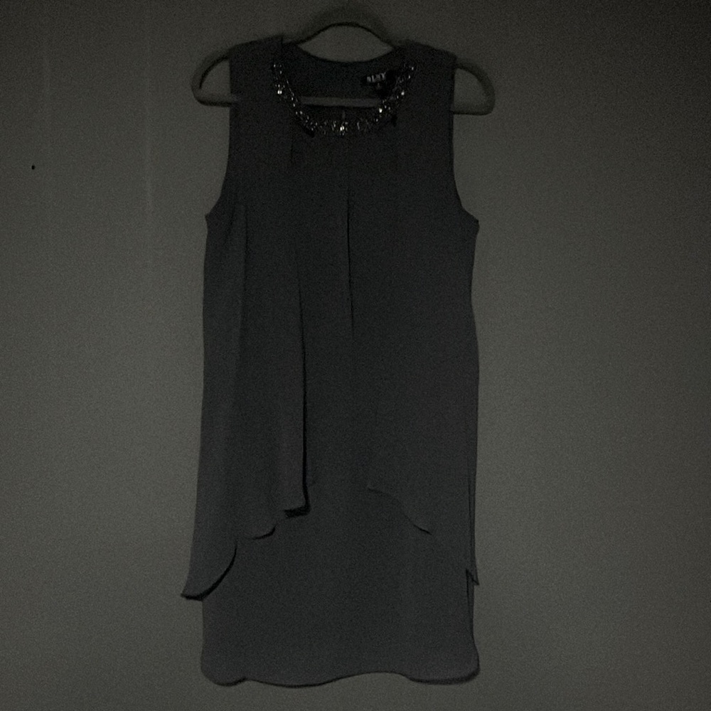 SLNY Sean cocktail dress in size 14, color is a slate gray
